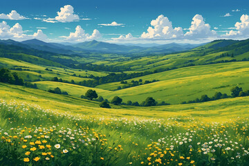 Obraz premium Vast green meadows dotted with yellow and white wildflowers, distant rolling hills under bright blue skies with soft clouds, in anime style