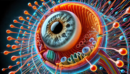 3D illustration of a human eyeball, showcasing internal structures such as the retina, lens, and optic nerve in vibrant colors