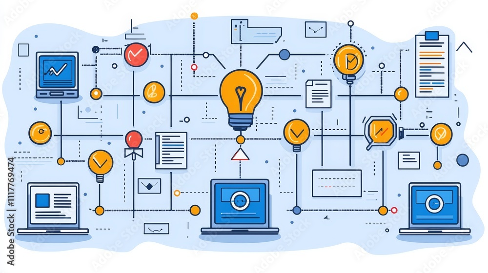 Poster innovative technology illustration depicting connection and ideas with lightbulbs and computer devic