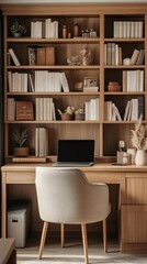 A cozy home office with a wooden desk, laptop, and organized bookshelves.