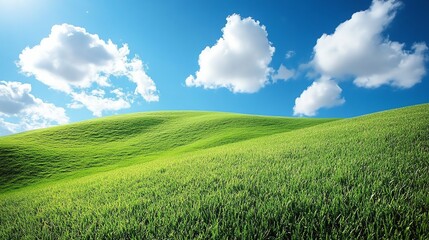 A serene landscape featuring rolling green hills under a bright blue sky with fluffy clouds.