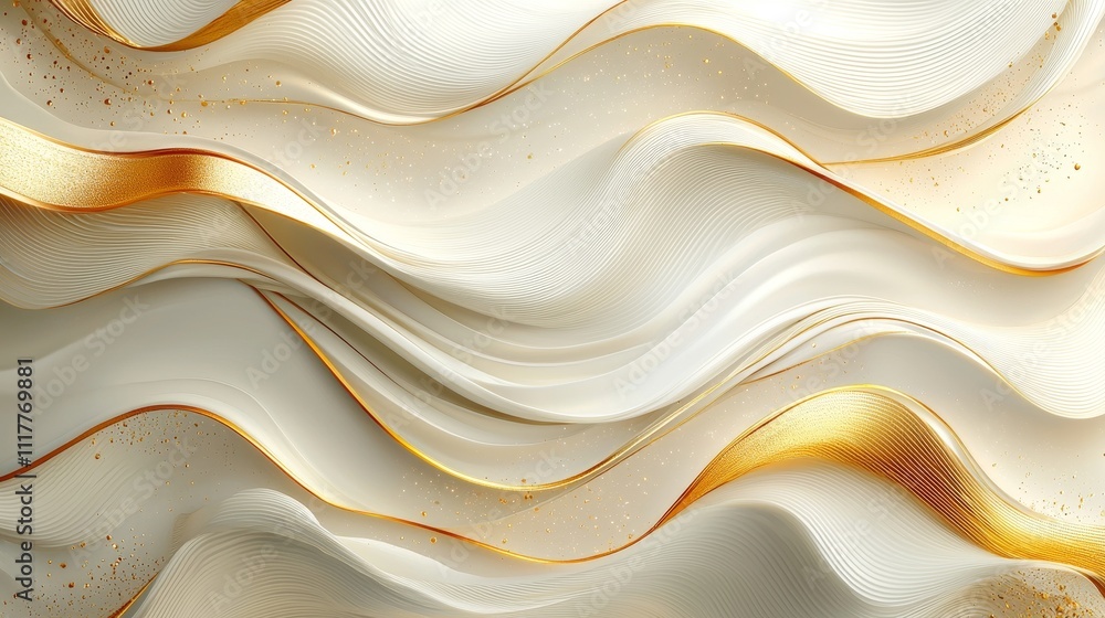 Poster Abstract flowing waves design with soft white and gold colors featuring elegant curves and subtle textures for backgrounds