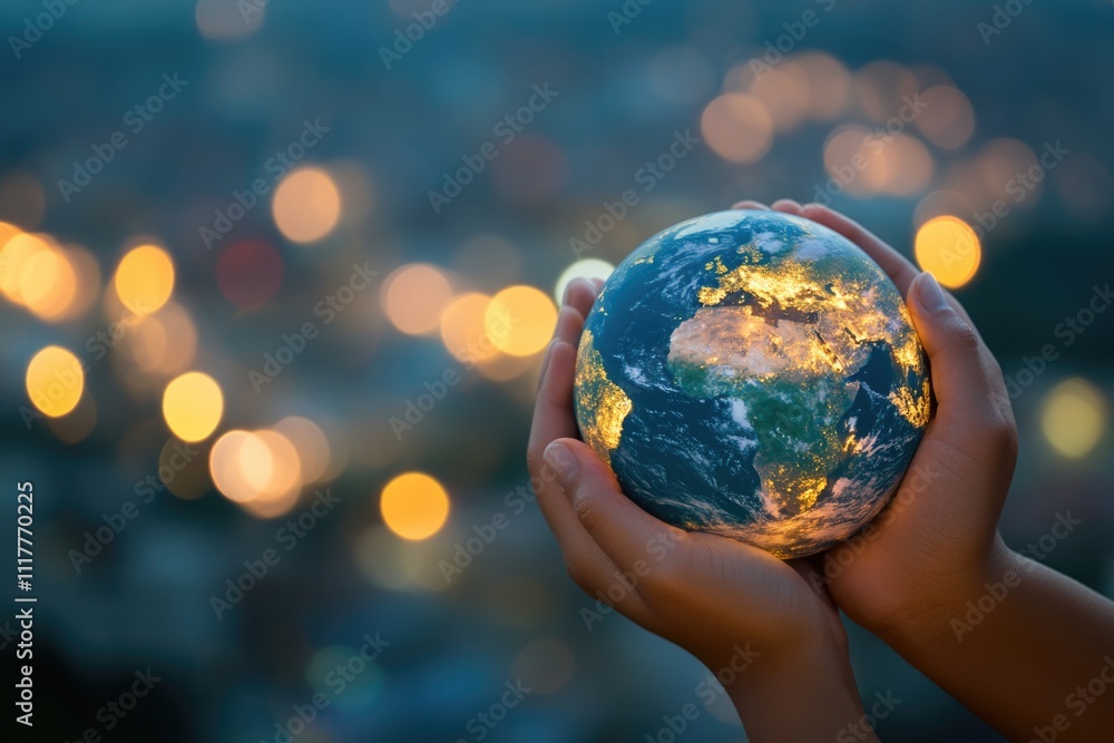 Poster a person holds a small globe, suitable for use in educational or travel-related content