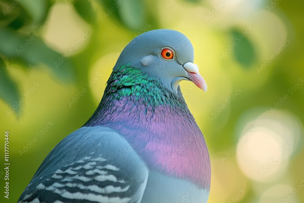 Poster a close-up shot of a pigeon perched on a tree branch, looking around