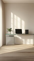 A minimalist workspace featuring a glass desk, laptop, and plant with natural light.