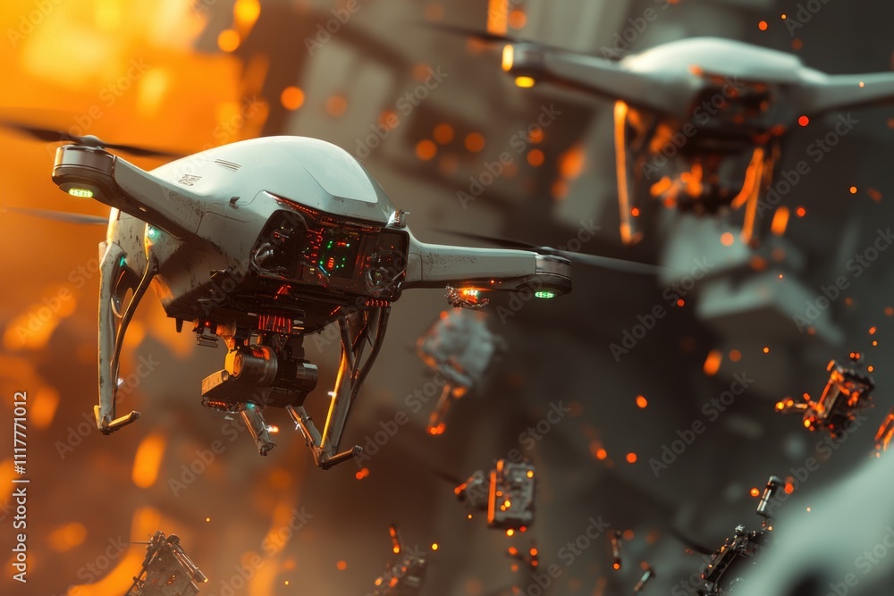 Poster aerial view of a large white drone soaring above a bustling metropolis