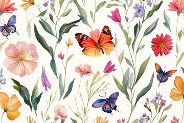 A pattern of colorful flowers and butterflies on a white background
