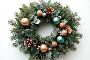 A festive Christmas wreath decorated with pine cones and ornaments