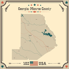 Large and accurate map of Monroe County, Georgia, USA with vintage colors.