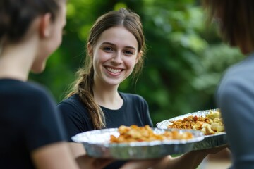 A woman holds a tray of food, ideal for use in stock photography for articles about women's roles in the home or office