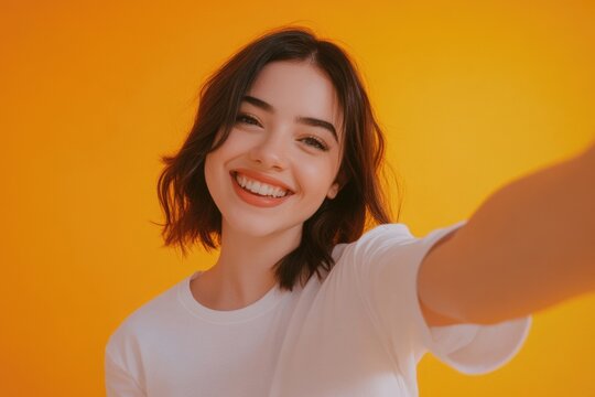 A woman takes a photo of herself using her cell phone