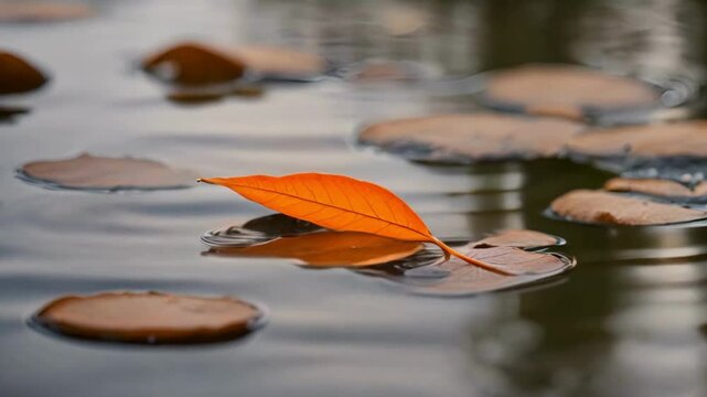A bright orange leaf floating on a calm pond, creating a striking contrast.