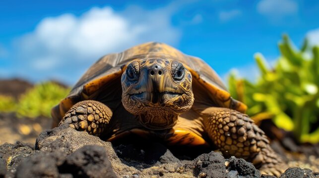 A close-up photo of a turtle resting on a rocky surface, great for nature and wildlife scenes