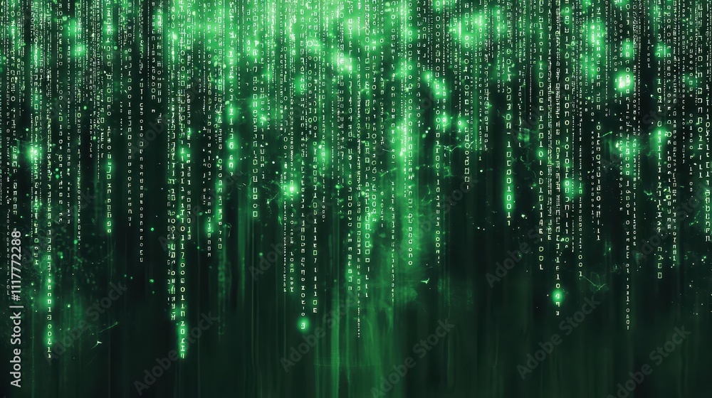 Poster dynamic flow of illuminated binary code in a green stream against a dark background