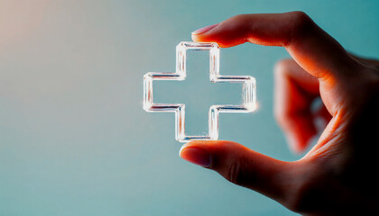A woman's hand clutching a plus symbol for a medical healthcare emblem. The concept of health insurance. access to copy space, welfare health