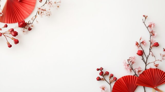 Red fans and cherry blossoms create a festive backdrop for cultural celebration decor in springtime