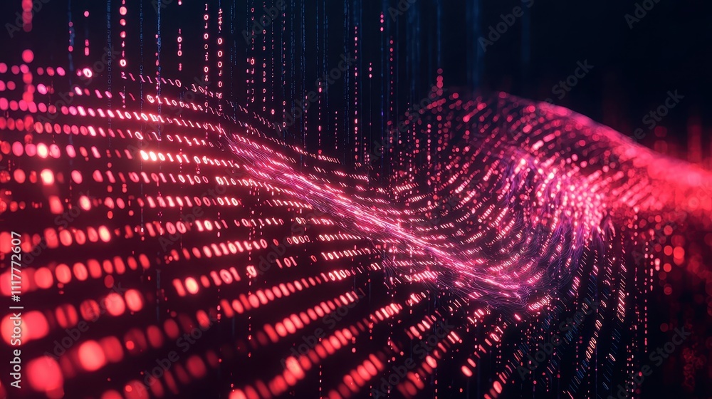 Poster dynamic flowing stream of illuminated binary code in a vibrant digital landscape
