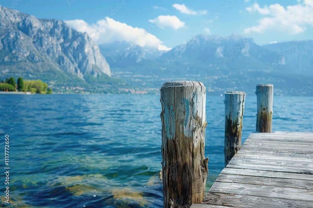 Poster a wooden pier stretching into the water with mountains visible in the background, perfect for use as
