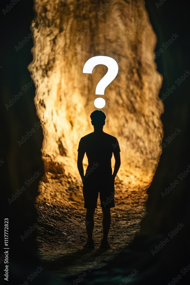 Poster a person stands near an intriguing cave entrance marked with a question mark, inviting curiosity and