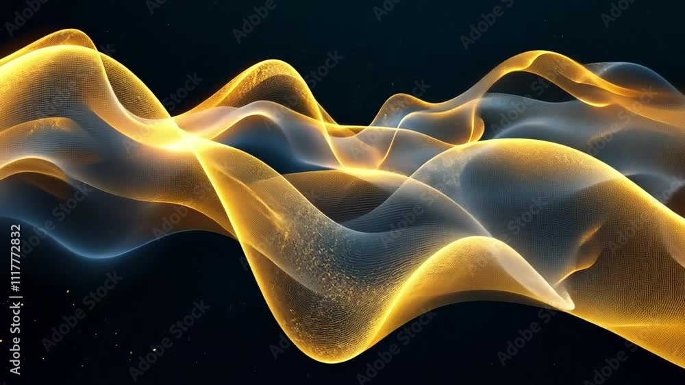 Poster golden wave abstract: fluid, shimmering gold and blue waves flow across a dark background, creating 