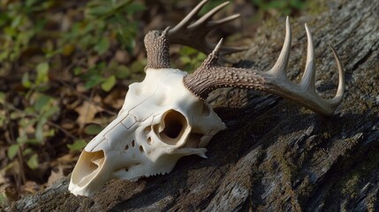A deer skull resting on a log in a woodland setting