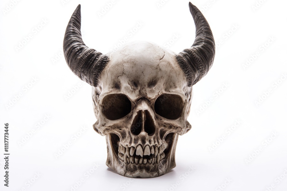 Poster a close-up of a skull with horns on a white background, great for use in dark or mysterious designs