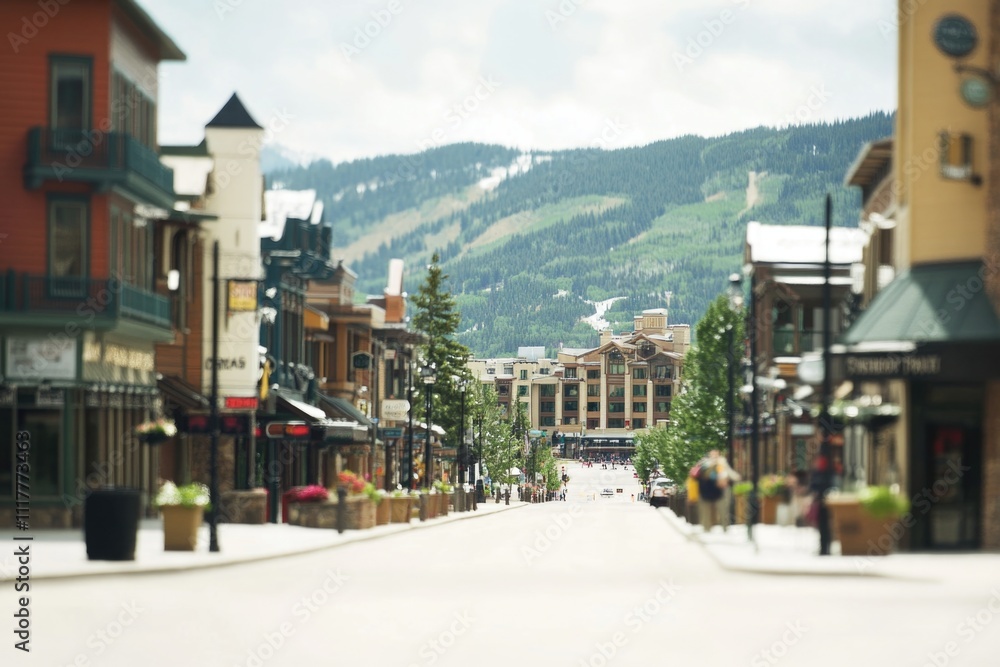 Poster urban landscape with a mountain range visible in the distance, perfect for use in travel or adventur