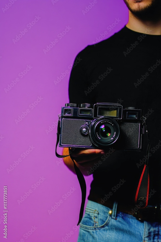 Poster a person holding a camera in front of a deep purple surface, ready to capture something