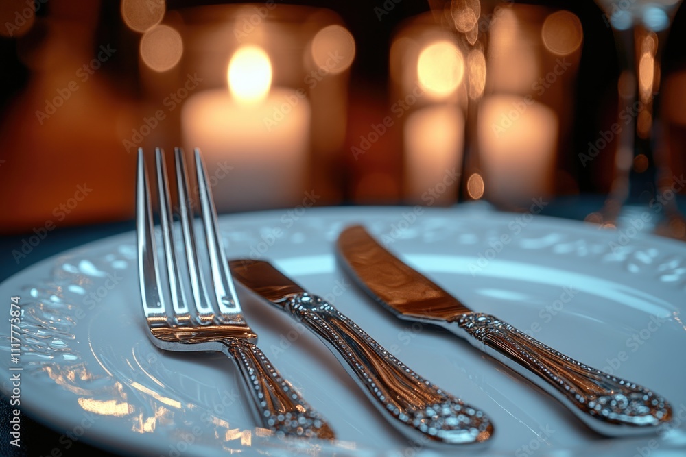 Poster a single white plate set with silverware including a fork, ideal for use in photography, advertising