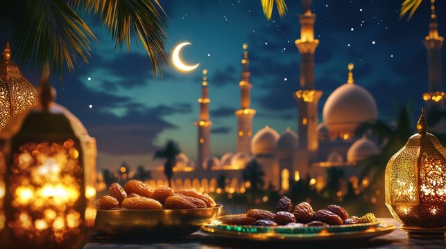 Nighttime Serenity at Sheikh Zayed Grand Mosque: Dates, Lanterns, and a Starry Sky