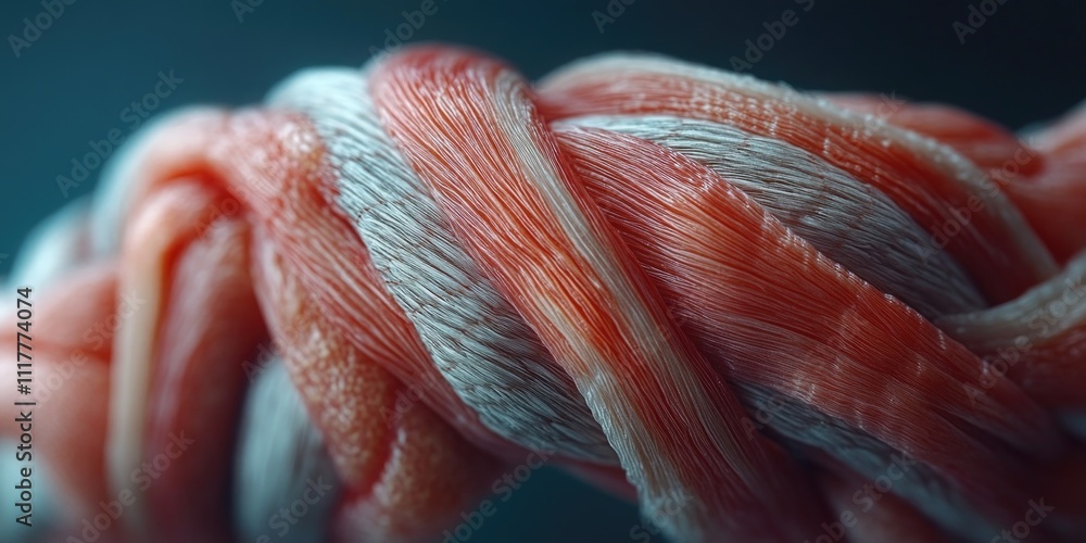 Poster A detailed view of a twisted rope with alternating red and white strands, suitable for use in still life photography or as an abstract element