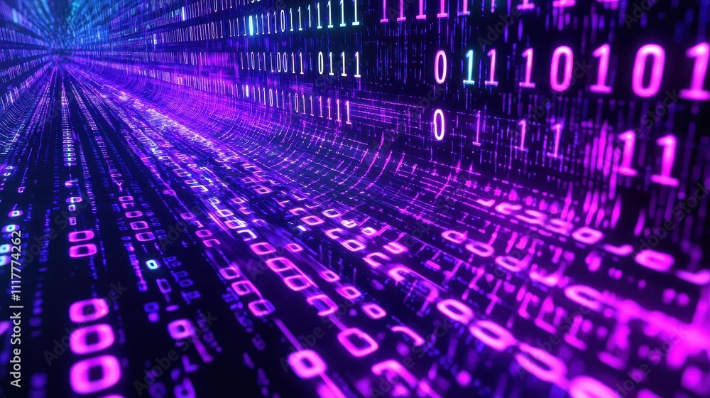 Poster dynamic flowing stream of illuminated binary code in vibrant colors