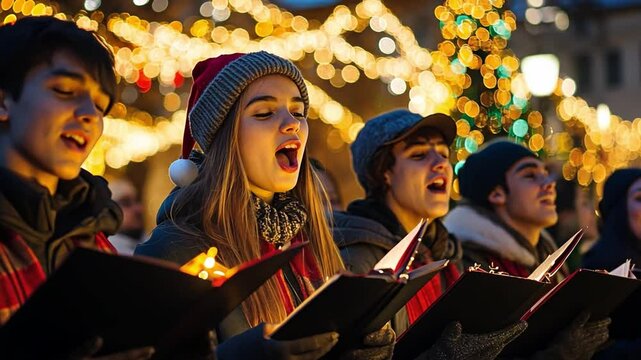 Christmas Carolers:  A joyous group of carolers sing their hearts out, surrounded by twinkling Christmas lights, creating a magical and festive atmosphere.  