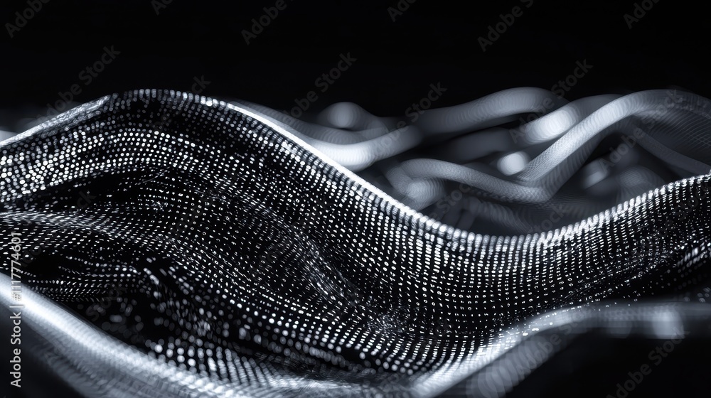 Poster dynamic stream of flowing binary code illuminated in a gigapixel black and white landscape
