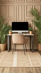 Fototapeta premium A minimalist home office setup featuring a desk, computer, and plants.