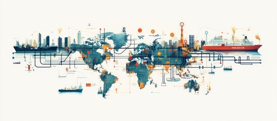An illustration of a world map with cities, ships, and transportation routes representing global trade and connectivity.