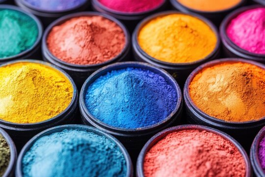 Colorful powders arranged in containers, likely for art or decoration purposes.