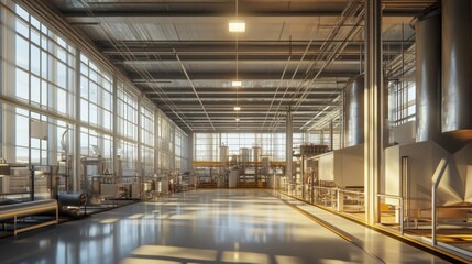 Modern Industrial Factory Interior: Sunlight Streaming Through Large Windows Illuminating Clean Production Lines and High Ceilings