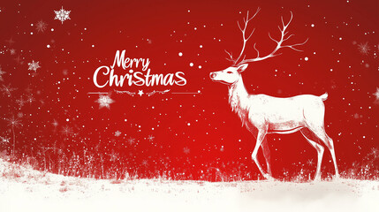 Red Christmas background with white deer and snowflakes, with the inscription "Merry Christmas"