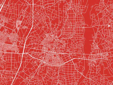 Christmas Map of Yuki, Japan in Snowy White on Festive Red Background.