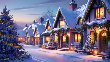 Fototapeta premium Magical Christmas Village with Snowy Cottages and Twinkling Lights