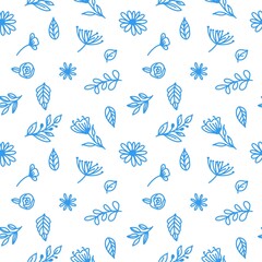 Blue flowers leaf pattern cute line 