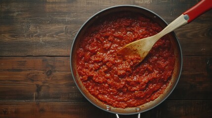 Homemade Tomato Sauce in Pan, Rustic Wooden Background.
