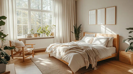 Fototapeta premium Bohemian bedroom with a canopy bed, colorful textiles, eclectic furniture, and indoor plants, offering a cozy and vibrant ambiance.