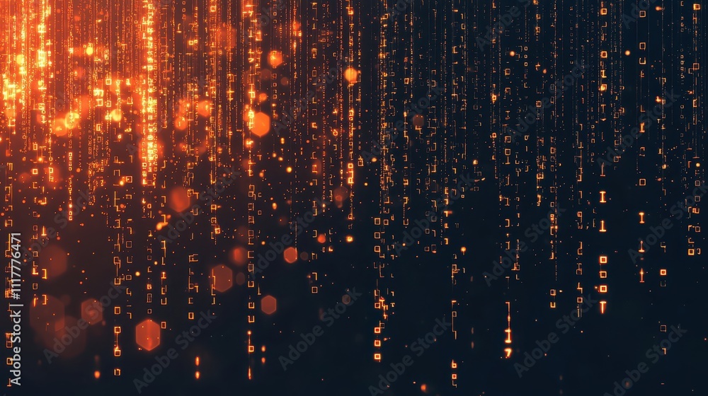 Poster dynamic stream of flowing binary code illuminated by warm light particles