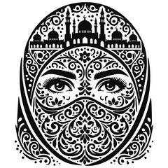 Vector Muslim arabic woman with ornamental  hijab and a face veil, mosque silhouette and crescent moons in the background. Isolated black lines patterns on white. Black and white silhouettes.