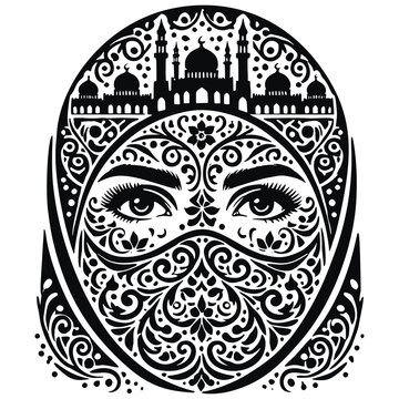recommend clip art: Vector Muslim arabic woman with ornamental  hijab and a face veil, mosque silhouette and crescent moons in the background. Isolated black lines patterns on white. Black and white silhouettes.