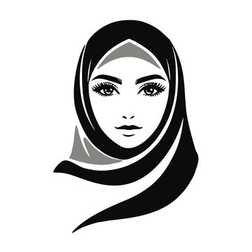 recommend clip art: Black and white minimalistic lines face  of a woman wearing a niqab. Muslim womans face silhouette. With hicab. Isolated vector design on white background.