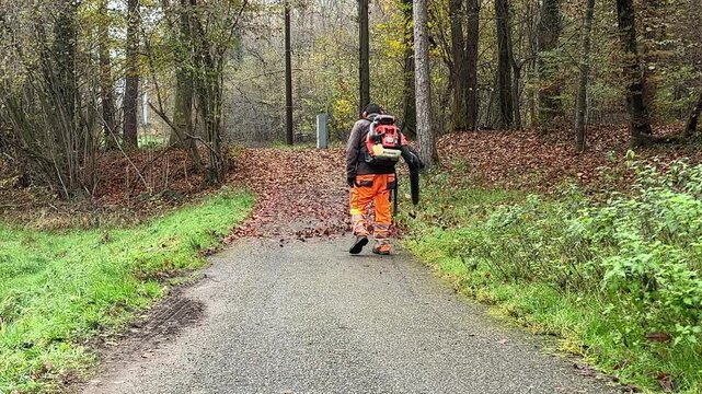 A worker with leaf blower cleans up autumn leaves to clear the cycle path in forest in autumn. Autumn maintenance.