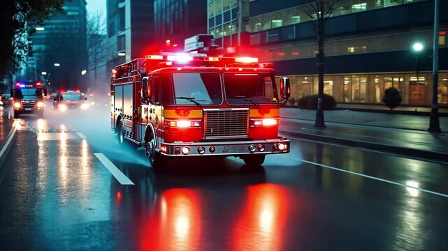 Emergency Response:  A red fire truck with flashing lights races through a city street at night, reflecting the urgency of a call to action.  